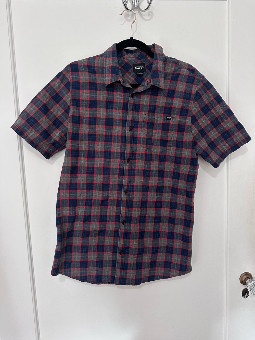 Fox Racing navy/orange/gray plaid cotton blend collared button down shirt  -M